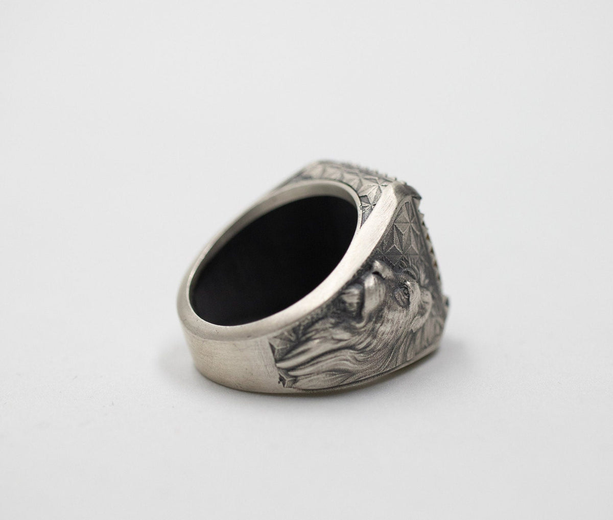 Oxidized Sterling Silver Lion Head Ring, Gothic Onyx Statement Ring