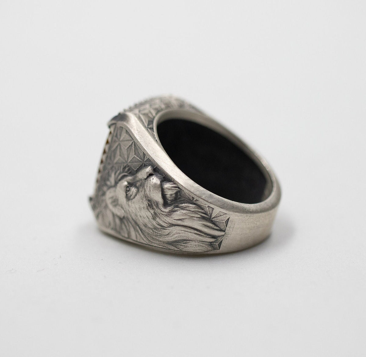 Oxidized Sterling Silver Lion Head Ring, Gothic Onyx Statement Ring