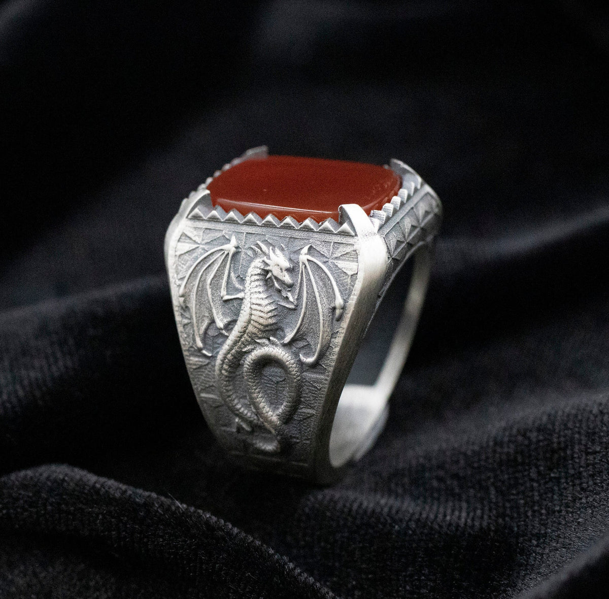 Handmade Sterling Silver Dragon Ring, Black Onyx Gemstone, Norse Mythology