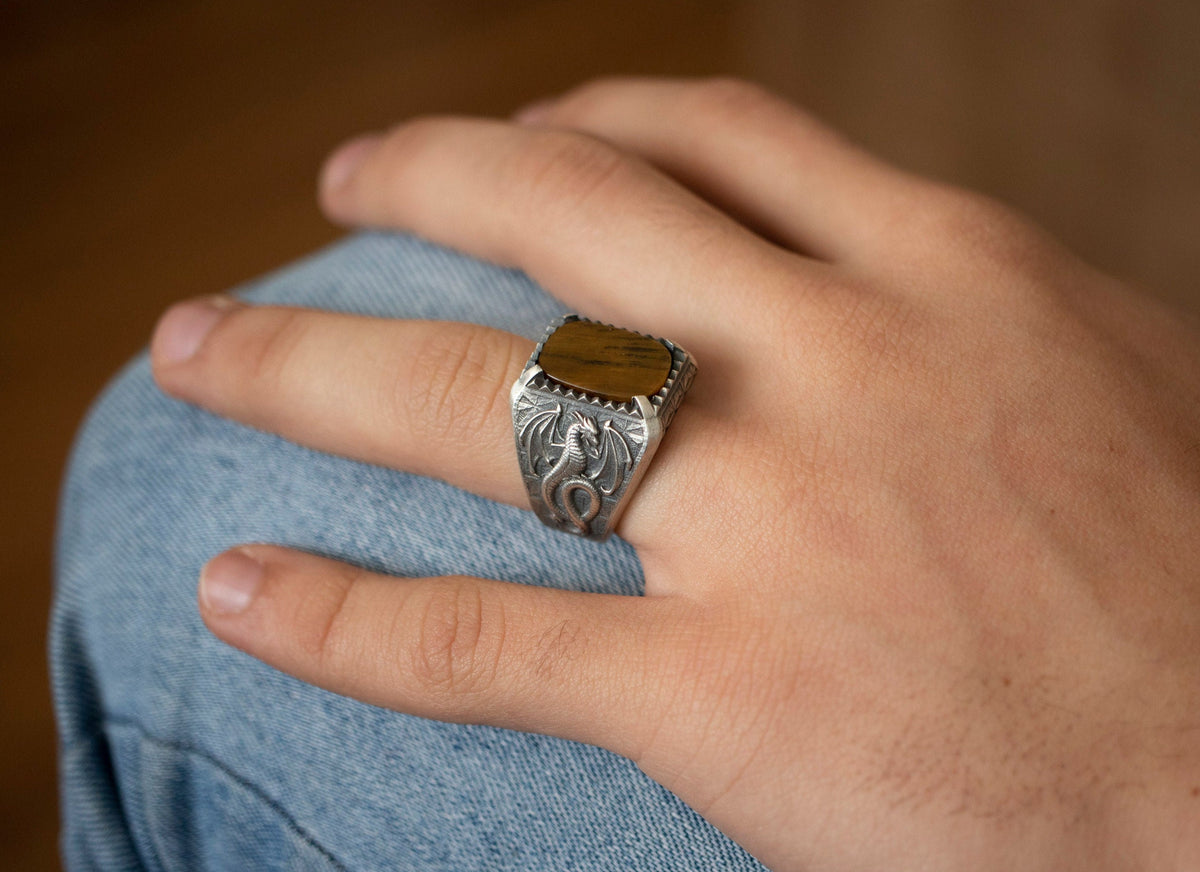 Handmade Sterling Silver Dragon Ring, Black Onyx Gemstone, Norse Mythology