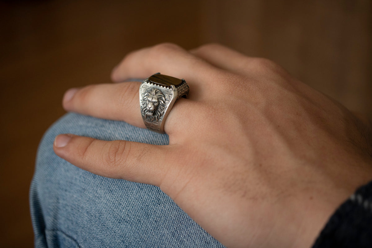Oxidized Sterling Silver Lion Ring, Tiger Eye Gemstone, Animal Signet