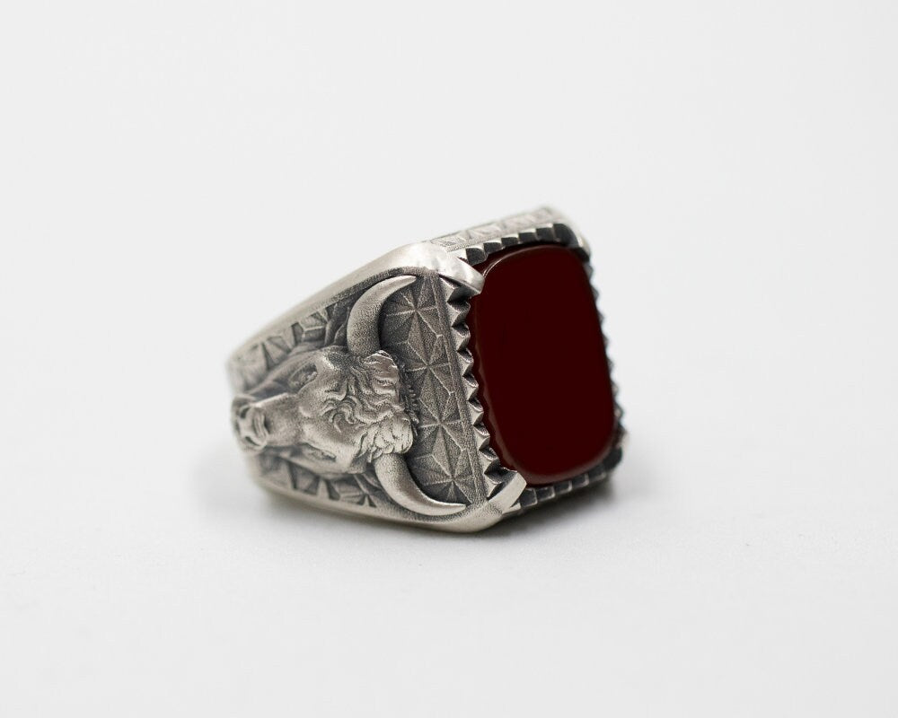 Black Onyx Bull Head Ring, 925 Sterling Silver Gothic Taurus Ring