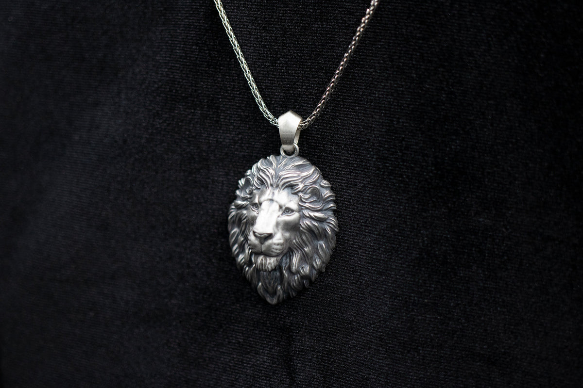 Sterling Silver Lion Necklace, Lion Head Pendant for Men