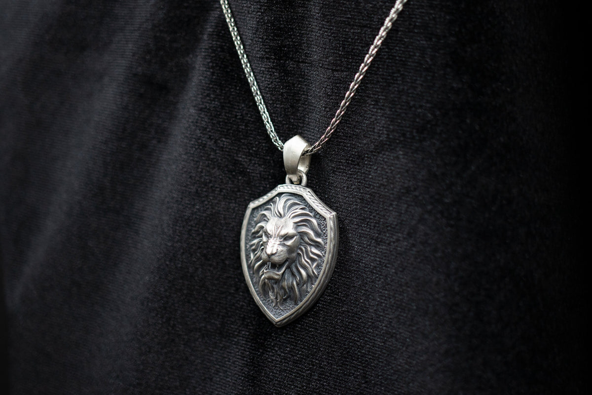 Sterling Silver Roaring Lion Shield Pendant, Courage Necklace