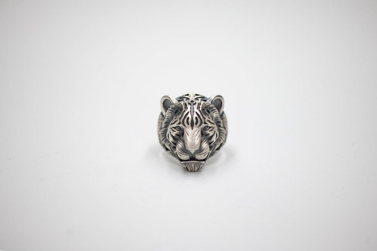 Sterling Silver Tiger Head Ring, Asian Animal Jewelry