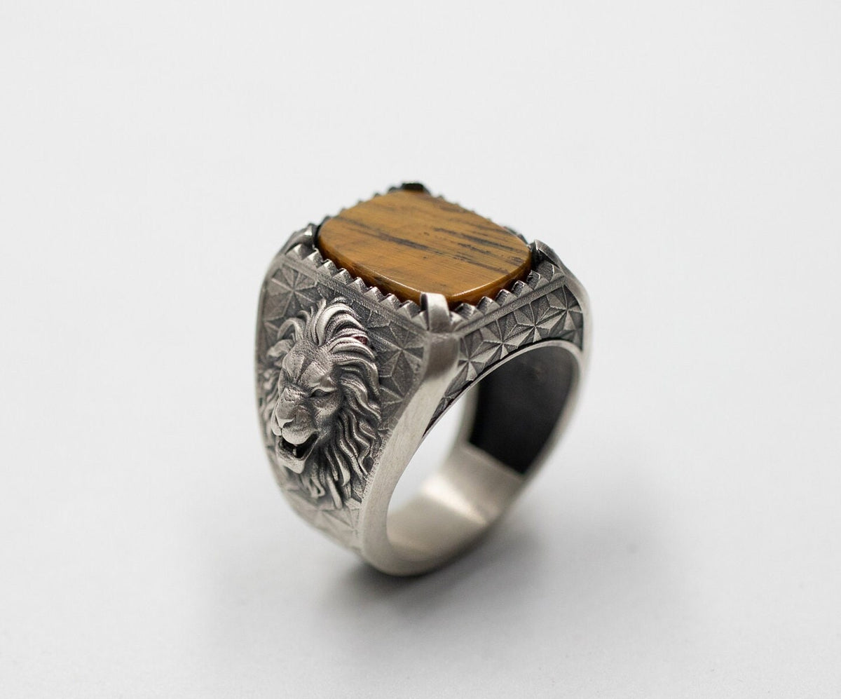 Oxidized Sterling Silver Lion Ring, Tiger Eye Gemstone, Animal Signet