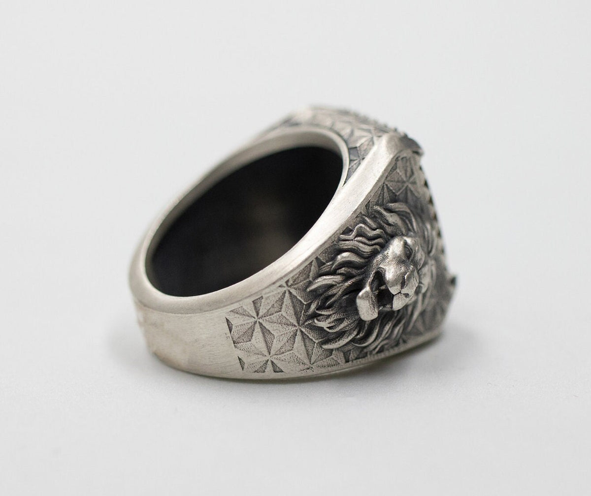 Oxidized Sterling Silver Lion Ring, Tiger Eye Gemstone, Animal Signet