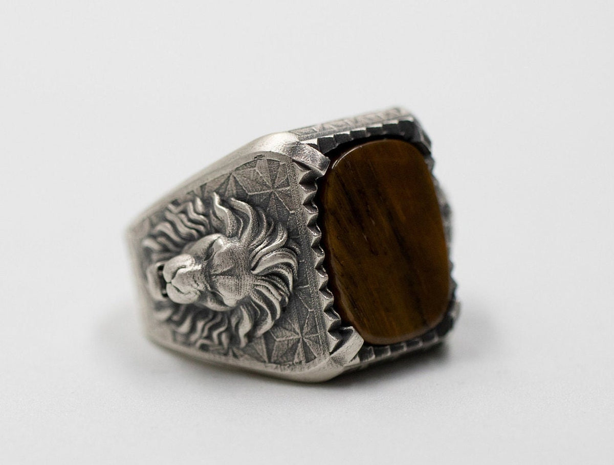 Oxidized Sterling Silver Lion Ring, Tiger Eye Gemstone, Animal Signet