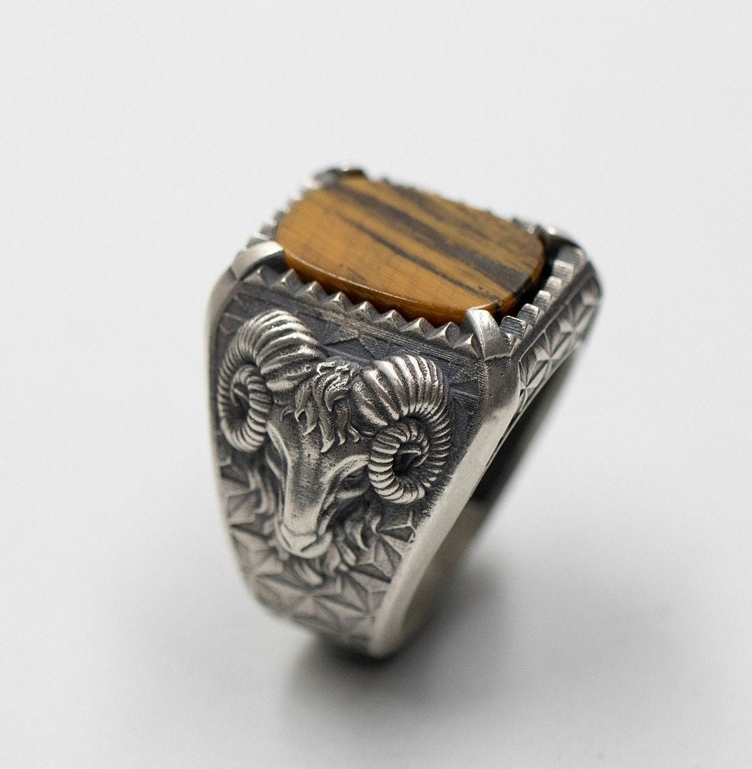 Oxidized Sterling Silver Ram Ring, Tiger's Eye, Aries Zodiac Signet