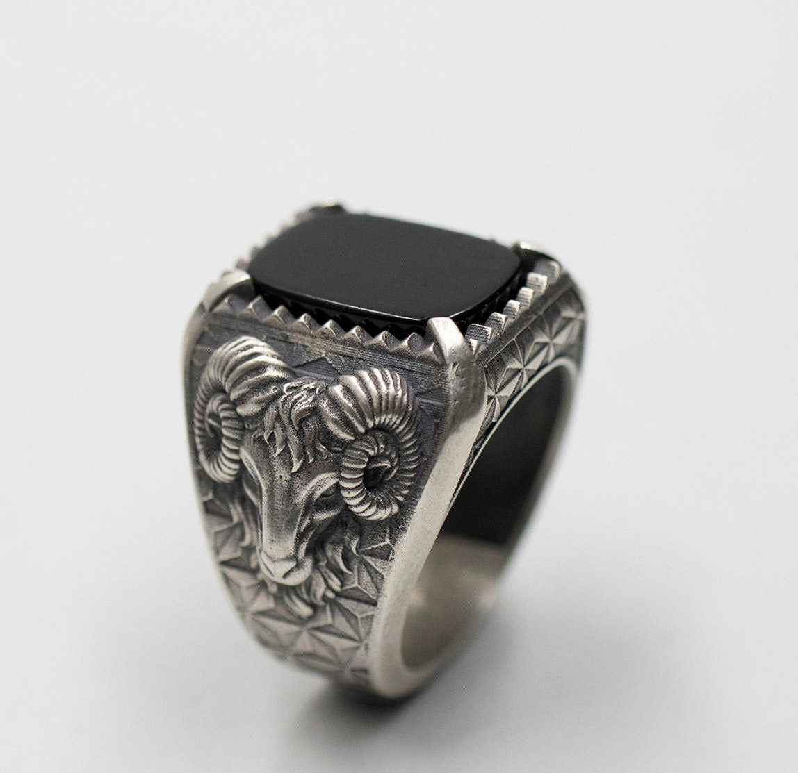 Oxidized Sterling Silver Ram Ring, Tiger's Eye, Aries Zodiac Signet