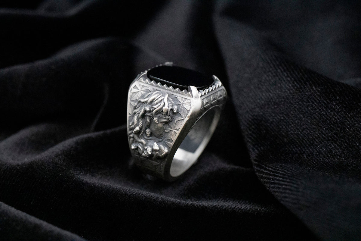 Handmade Medusa Head Sterling Silver Ring, Tigers Eye Signet