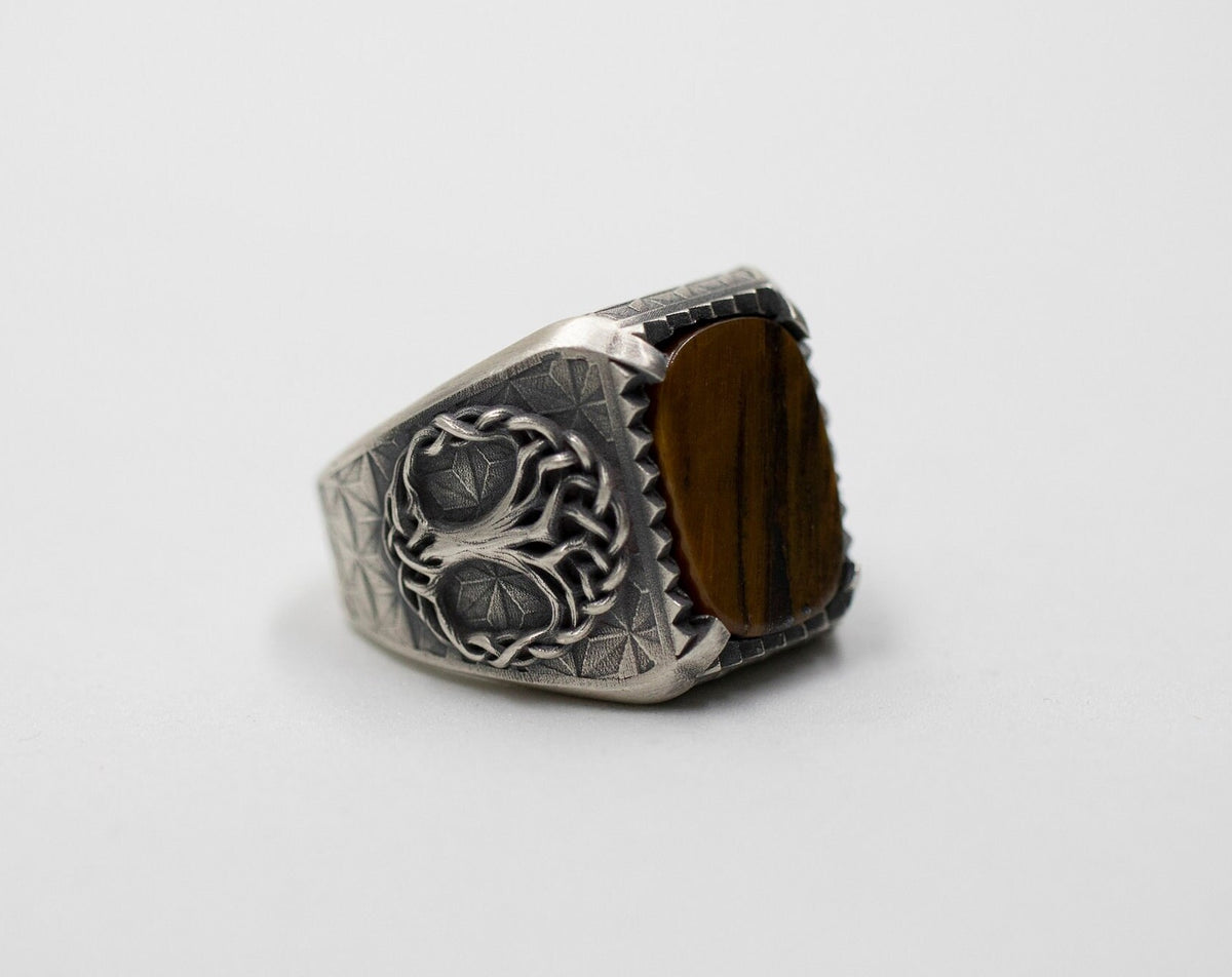Sterling Silver Yggdrasil Tree of Life Ring, Black Onyx Gemstone