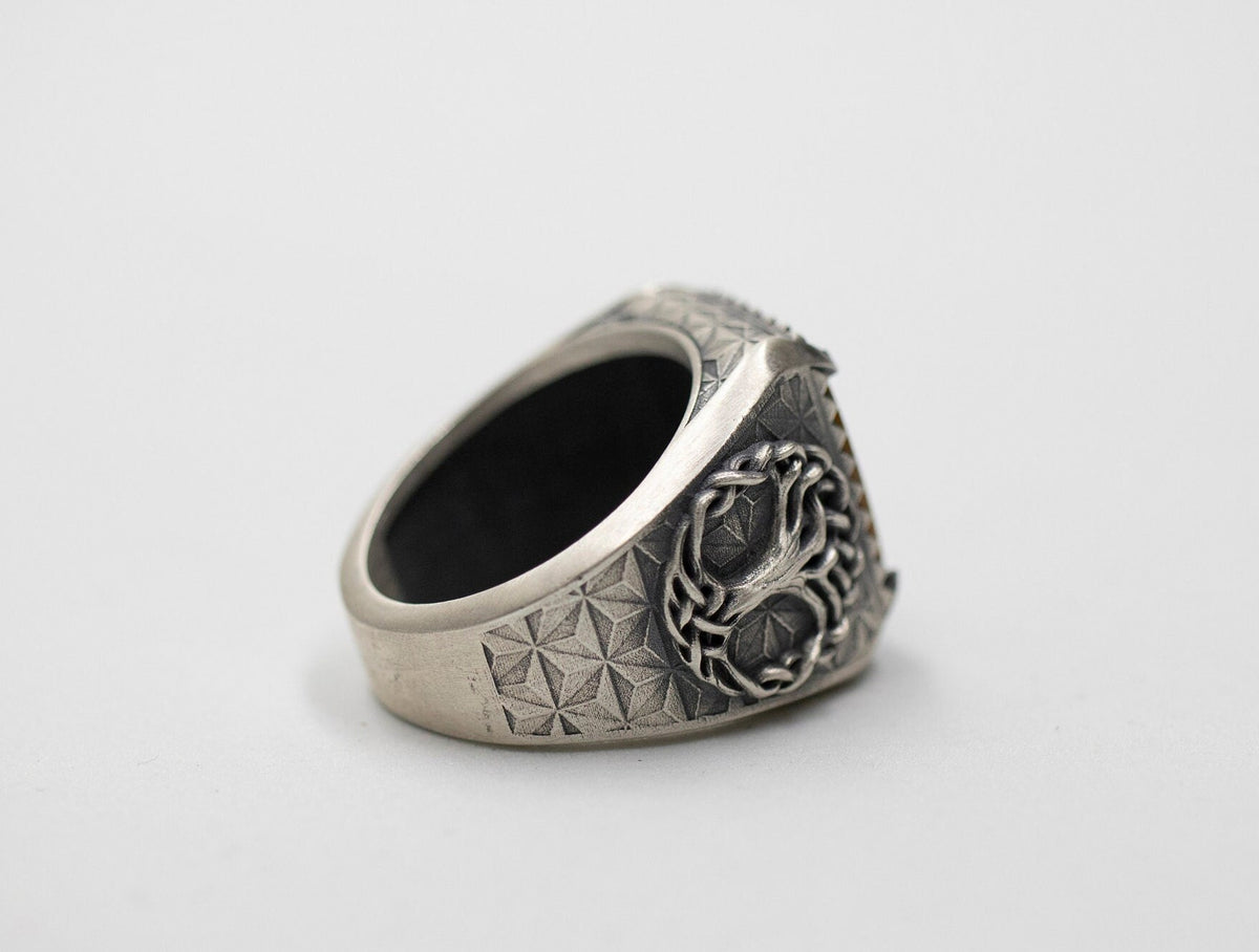 Sterling Silver Yggdrasil Tree of Life Ring, Black Onyx Gemstone