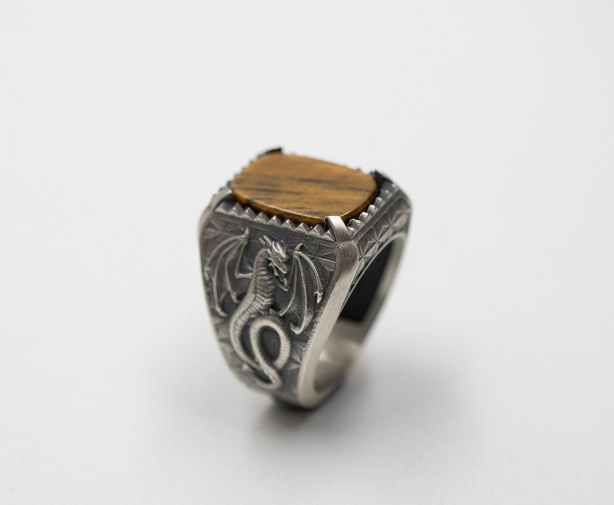 Handmade Sterling Silver Dragon Ring, Black Onyx Gemstone, Norse Mythology
