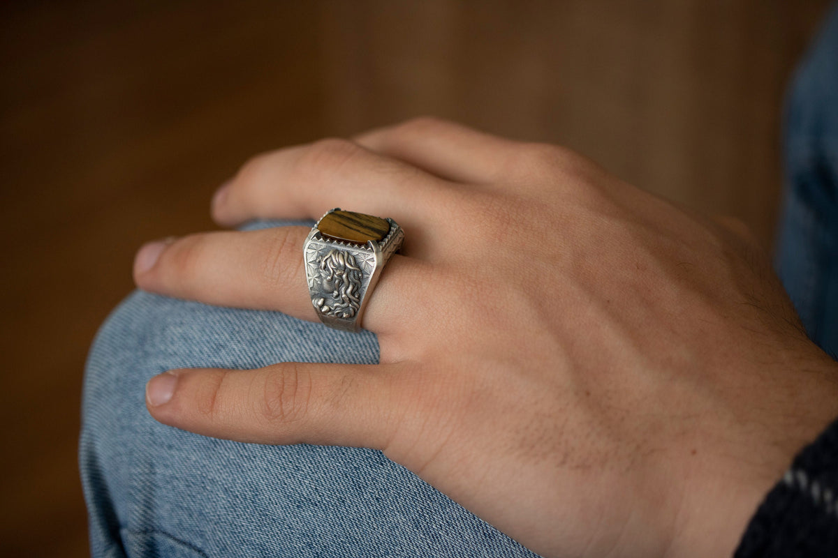 Handmade Medusa Head Sterling Silver Ring, Tigers Eye Signet