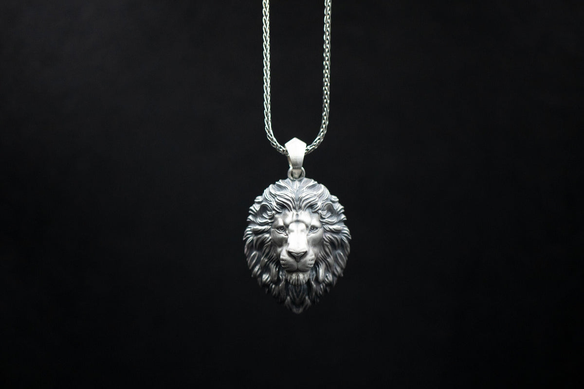 Sterling Silver Lion Necklace, Lion Head Pendant for Men