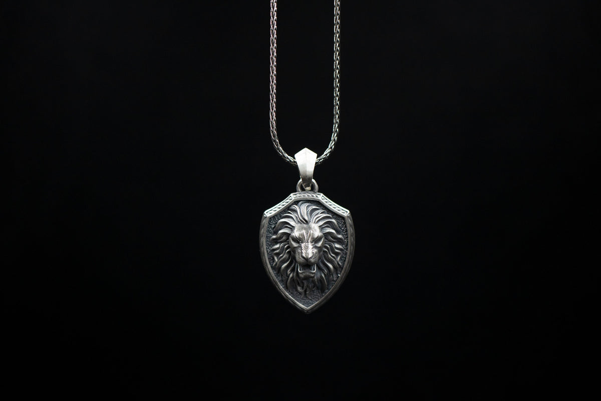 Sterling Silver Roaring Lion Shield Pendant, Courage Necklace