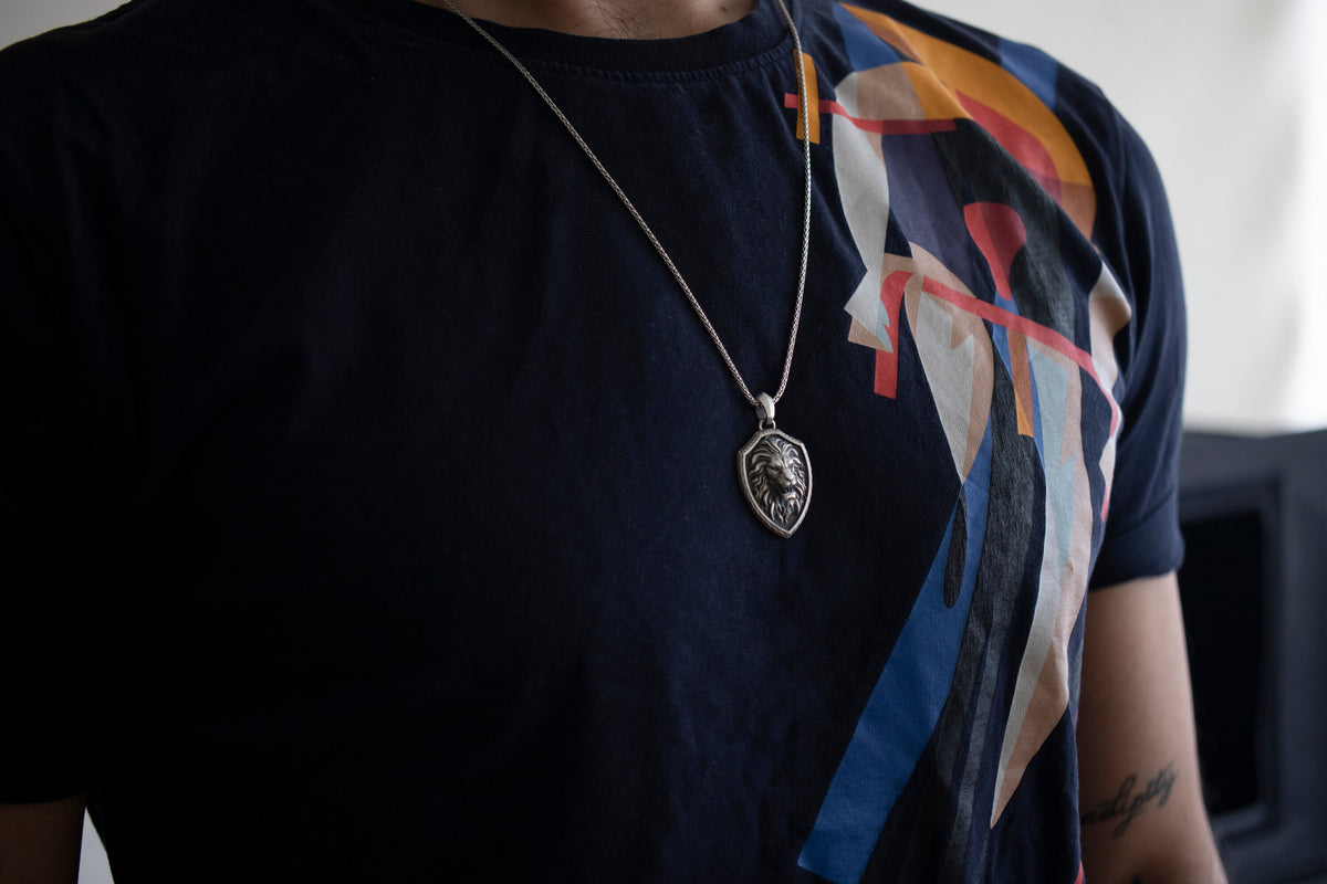 Sterling Silver Roaring Lion Shield Pendant, Courage Necklace