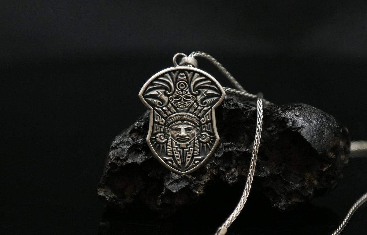 Sterling Silver Aztec Necklace, Mayan Mythology Pendant, Unisex Jewelry