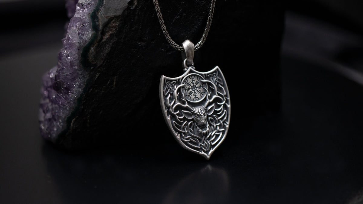 Handmade Sterling Silver Vegvisir Deer Pendant, Gothic Antler Necklace