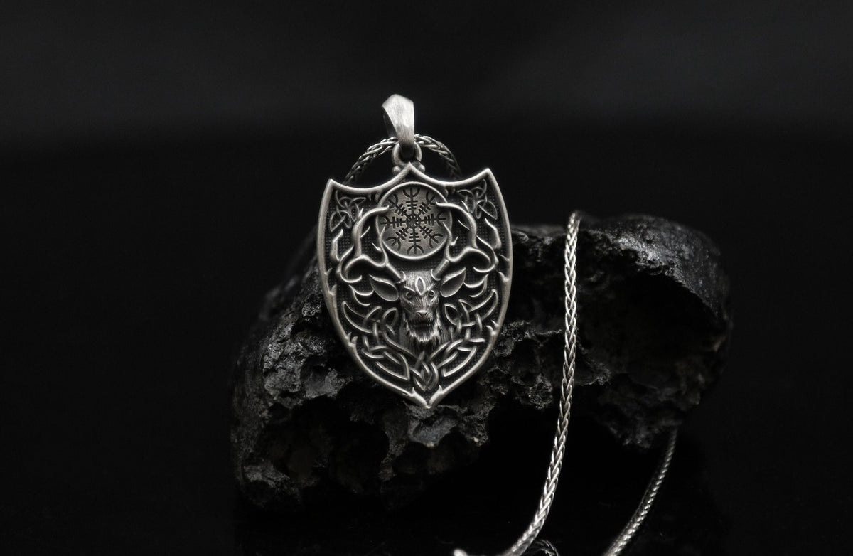 Handmade Sterling Silver Vegvisir Deer Pendant, Gothic Antler Necklace