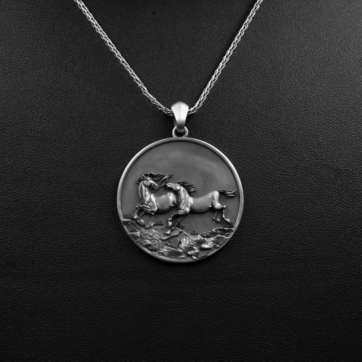 Sterling Silver Running Horse Pendant – Equestrian Medallion Necklace