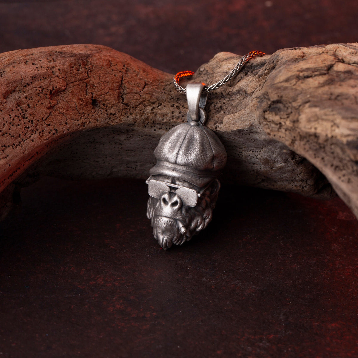 Sterling Silver Smoking Gorilla Pendant Necklace, Handmade Boho Jewelry