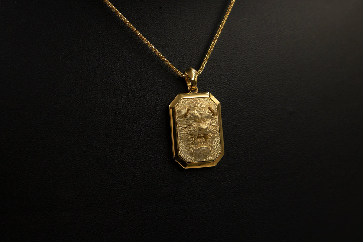 18K Gold Chinese Foo Dog Pendant, Eastern Lion Necklace