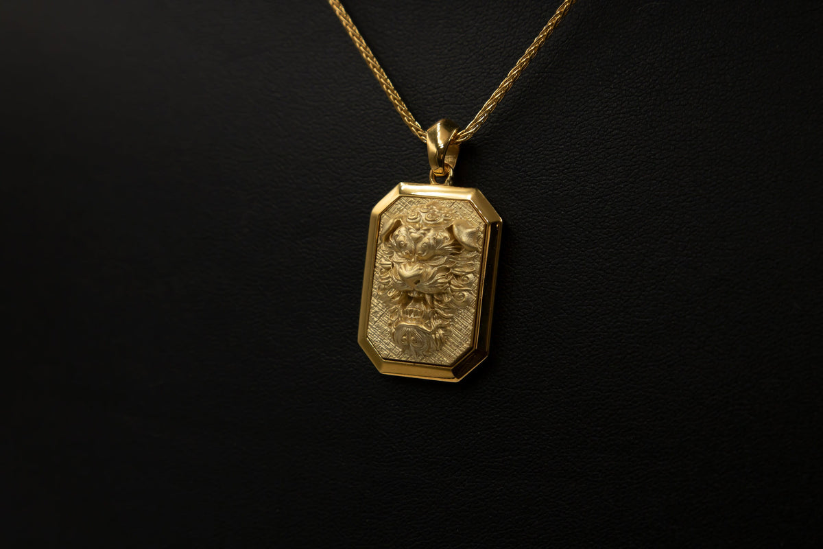 18K Gold Chinese Foo Dog Pendant, Eastern Lion Necklace
