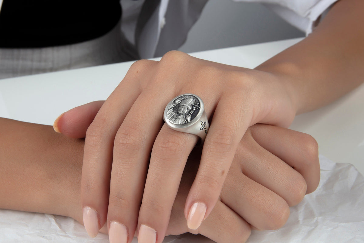 St. John Paul II Sterling Silver Signet Ring - Catholic Jewelry