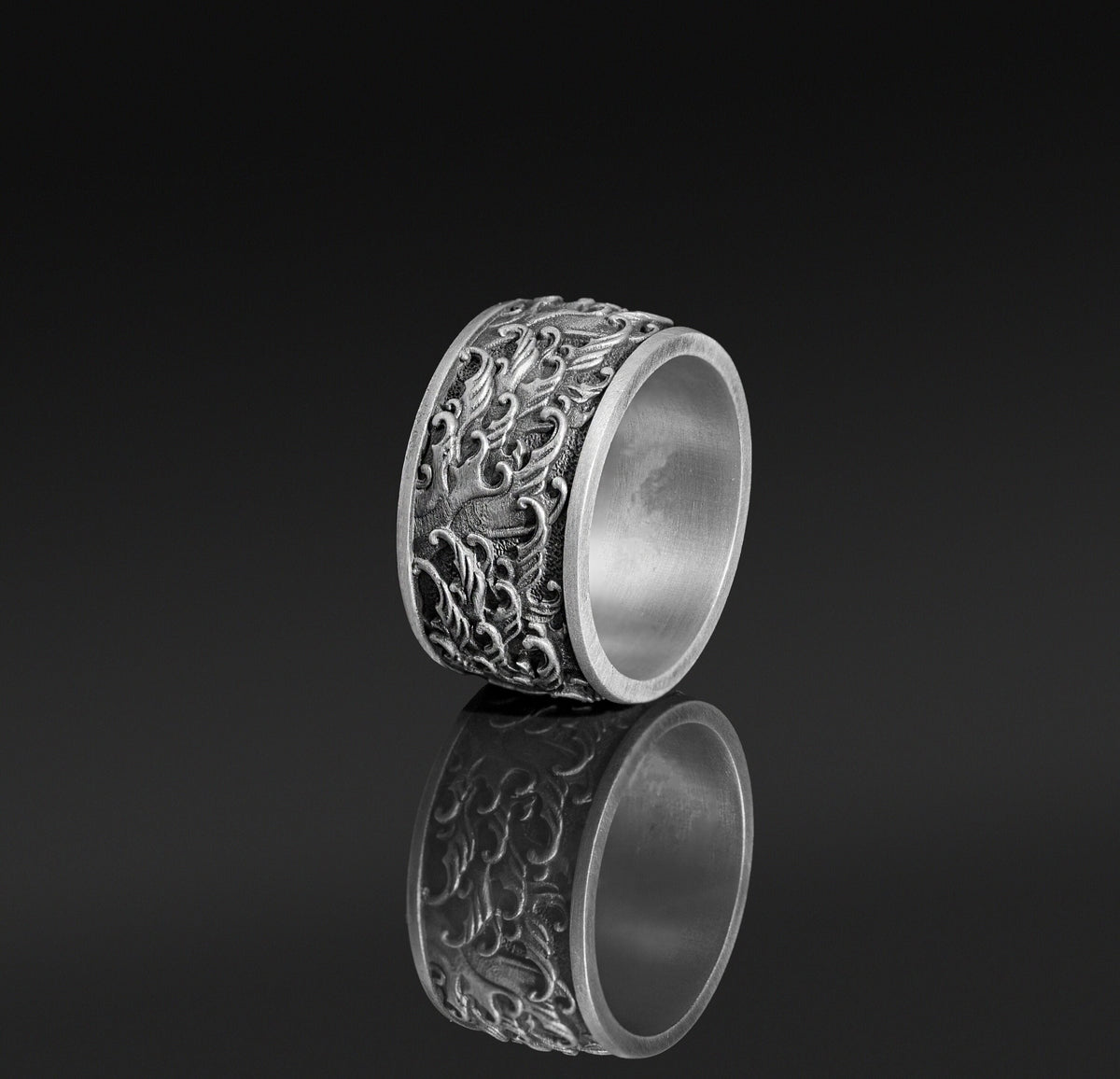 Carp and Waves Sterling Silver Ring, Japanese Art Jewelry