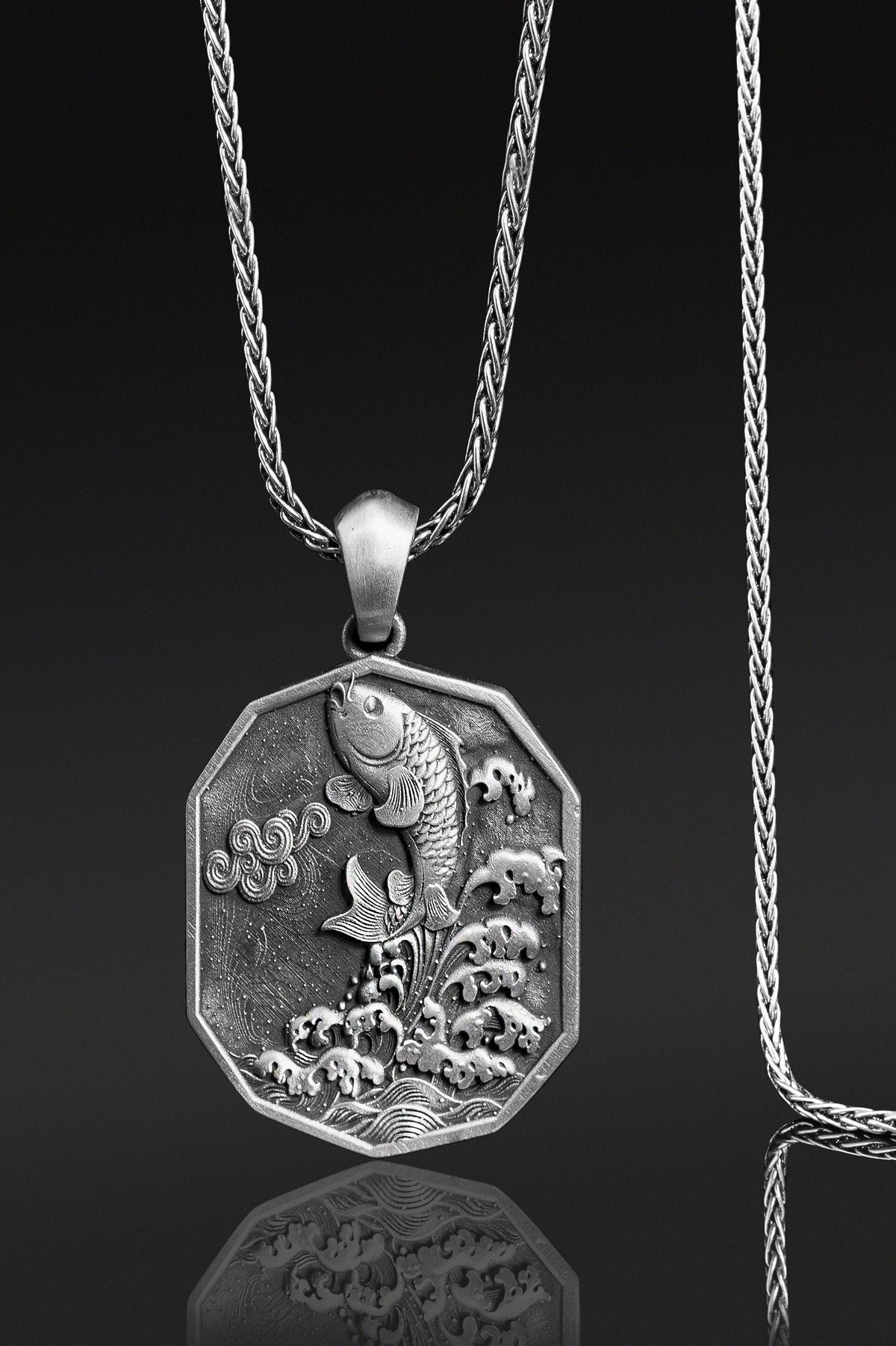 Sterling Silver Koi Fish Pendant Necklace, Handmade Amulet