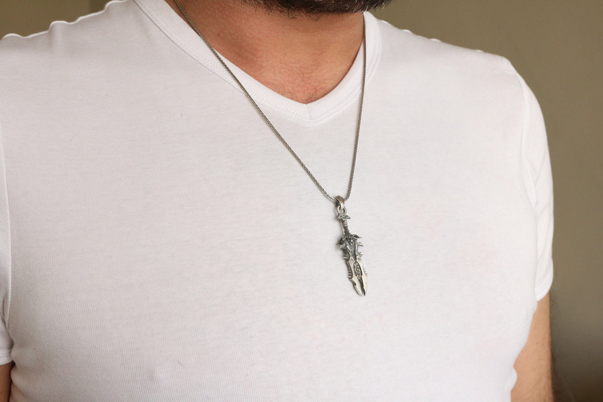 Sterling Silver Fantasy Sword Pendant | Gamer Necklace