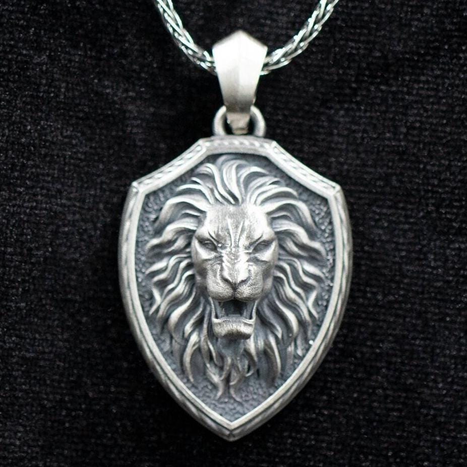 Sterling Silver Roaring Lion Shield Pendant, Courage Necklace