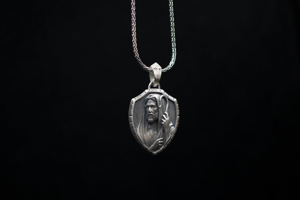 Jesus the Good Shepherd Pendant – Sterling Silver Shield Christ Medal