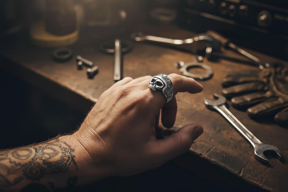Handmade Sterling Silver Biker Skull Ring, Oxidized Gothic Jewelry