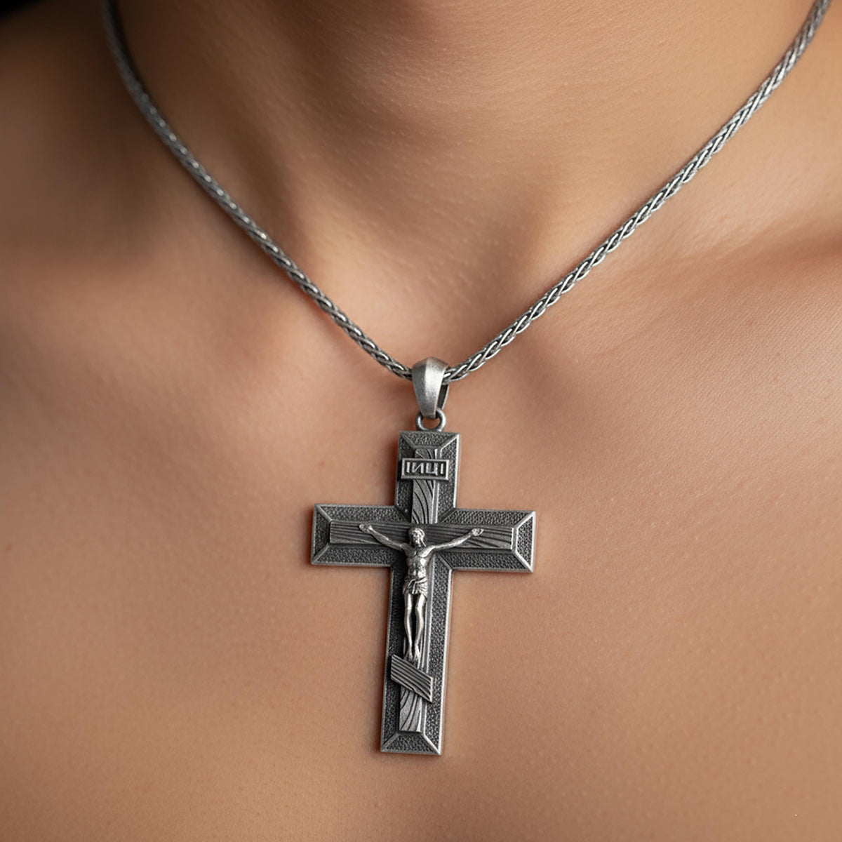 Sterling Silver Jesus Cross Necklace - Oxidized Compass Pendant
