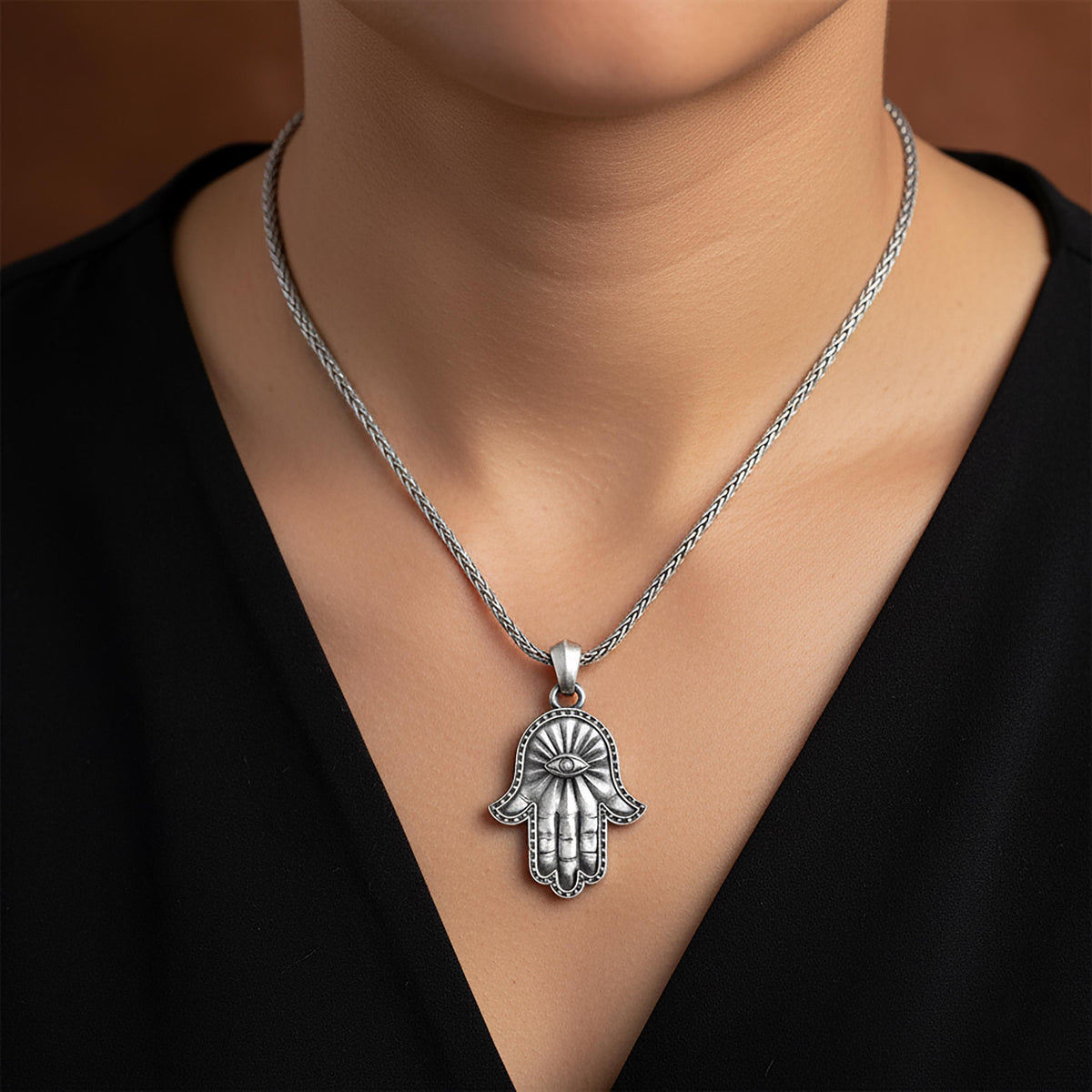 Sterling Silver Hamsa Necklace, Hand of Fatima, Evil Eye Amulet