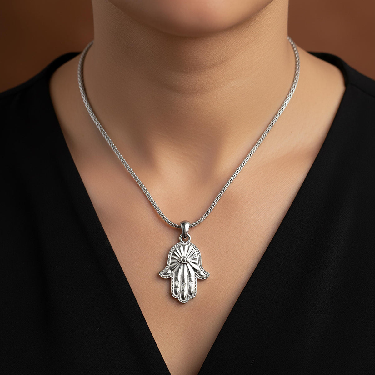 Sterling Silver Hamsa Necklace, Hand of Fatima, Evil Eye Amulet