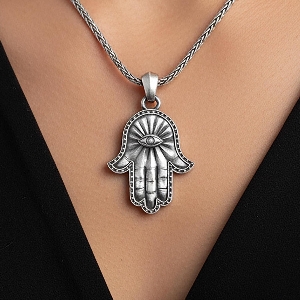 Sterling Silver Hamsa Necklace, Hand of Fatima, Evil Eye Amulet