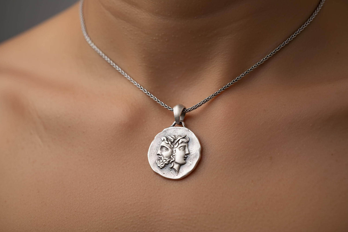 Sterling Silver Janus Coin Pendant, Ancient Roman God Necklace