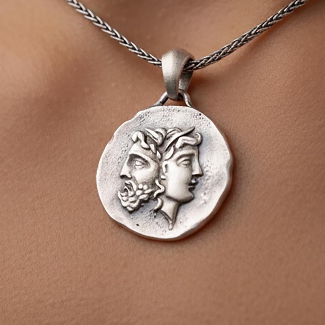 Sterling Silver Janus Coin Pendant, Ancient Roman God Necklace