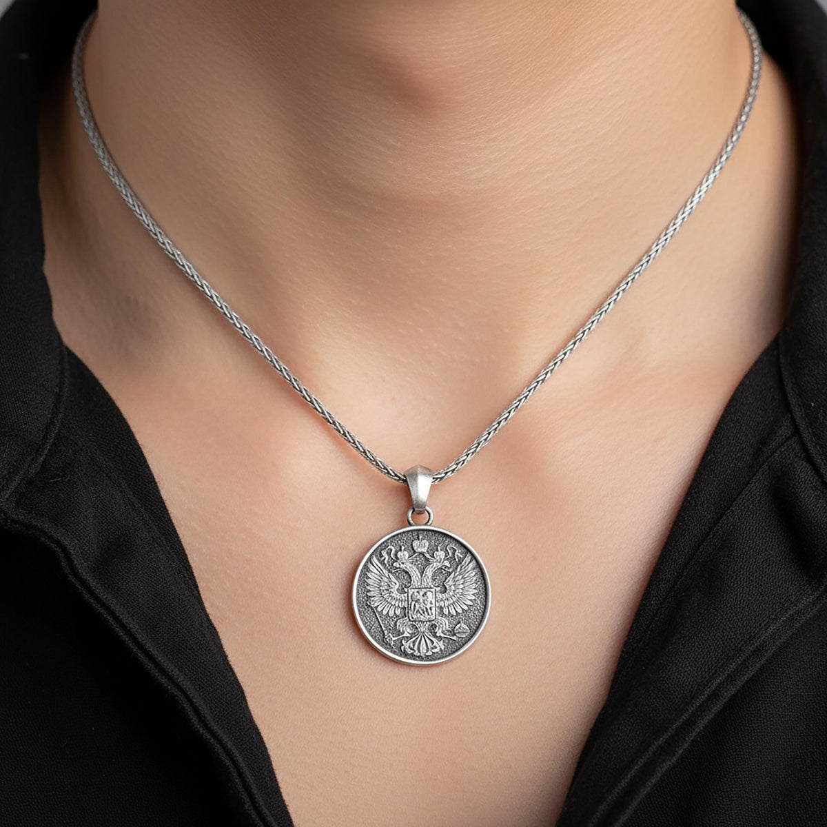 Sterling Silver Russian Eagle Necklace, Handmade Emblem Pendant