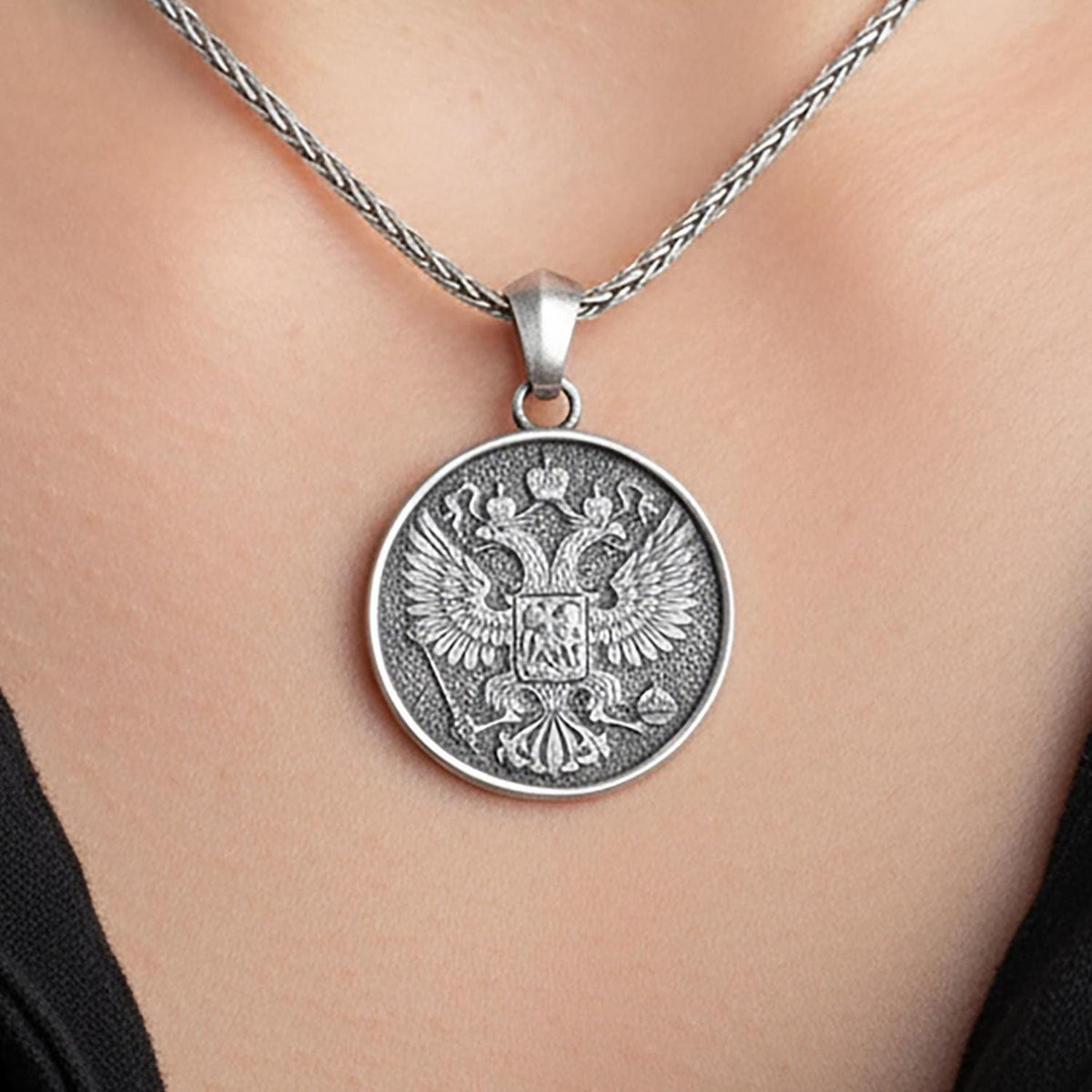 Sterling Silver Russian Eagle Necklace, Handmade Emblem Pendant