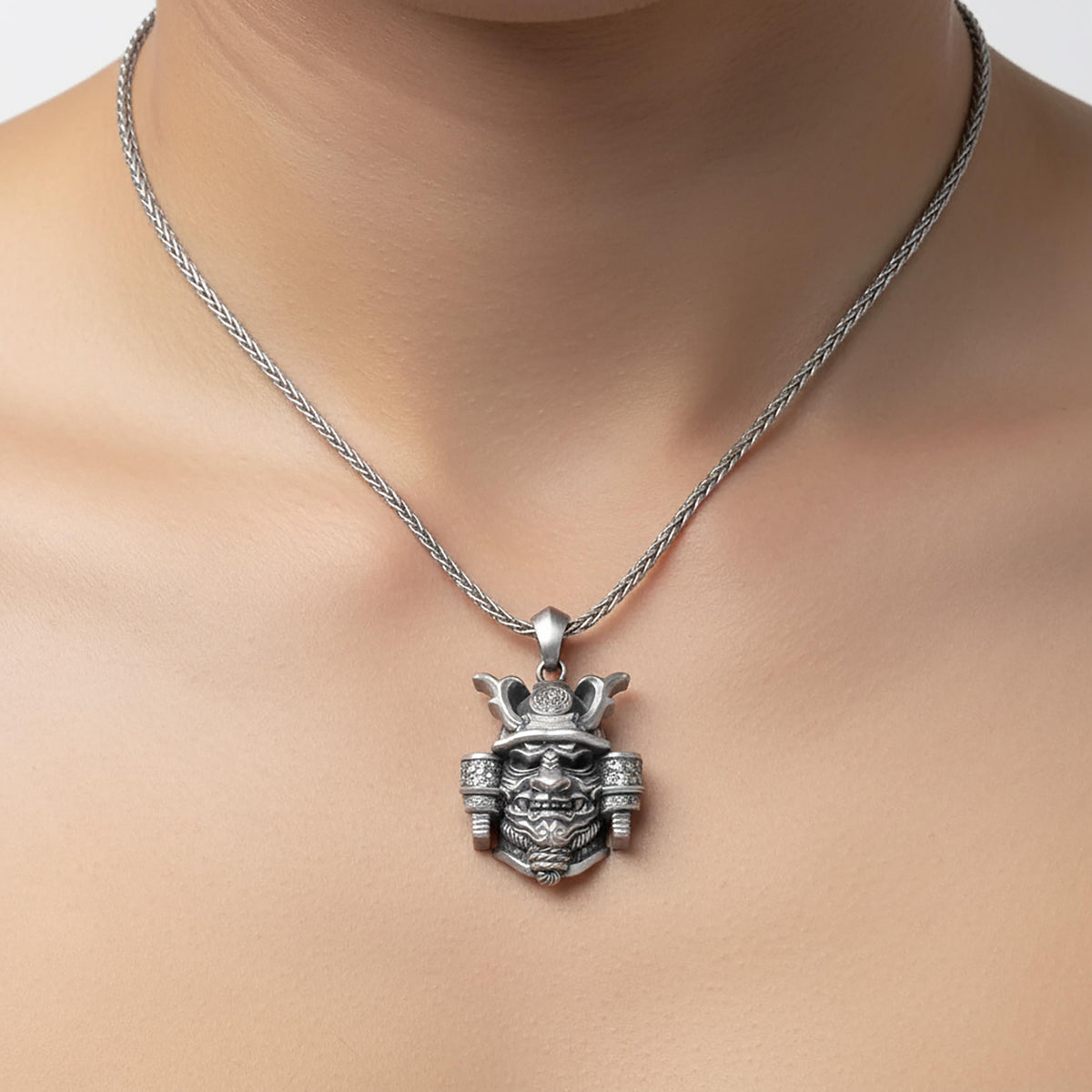 Sterling Silver Oni Mask Necklace, Samurai Demon Pendant, Japanese Jewelry