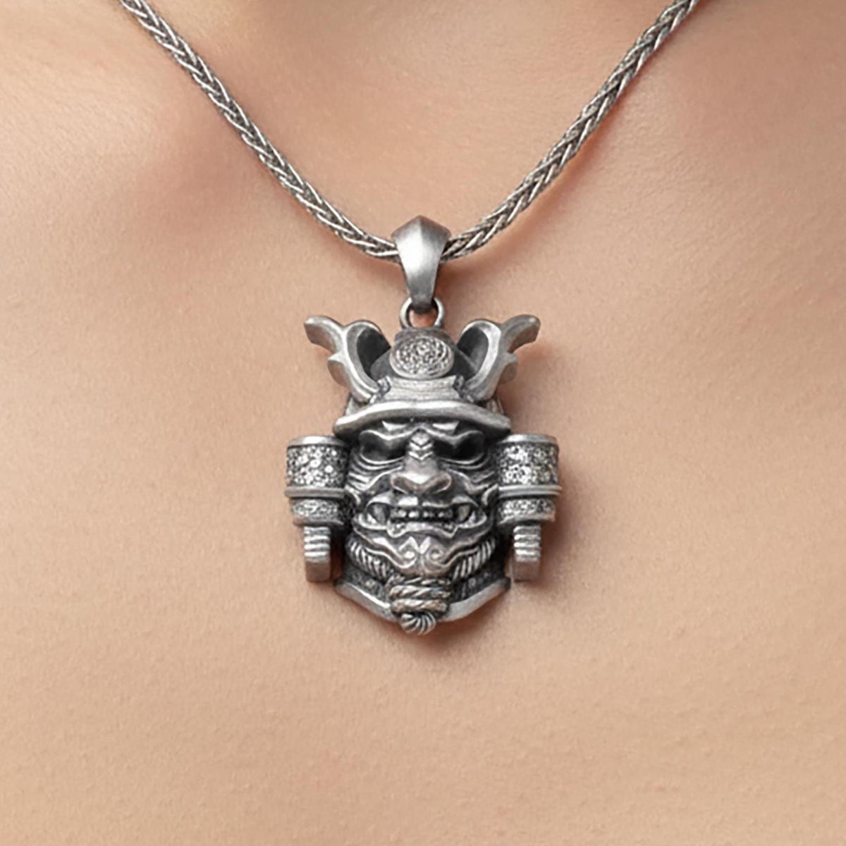 Sterling Silver Oni Mask Necklace, Samurai Demon Pendant, Japanese Jewelry