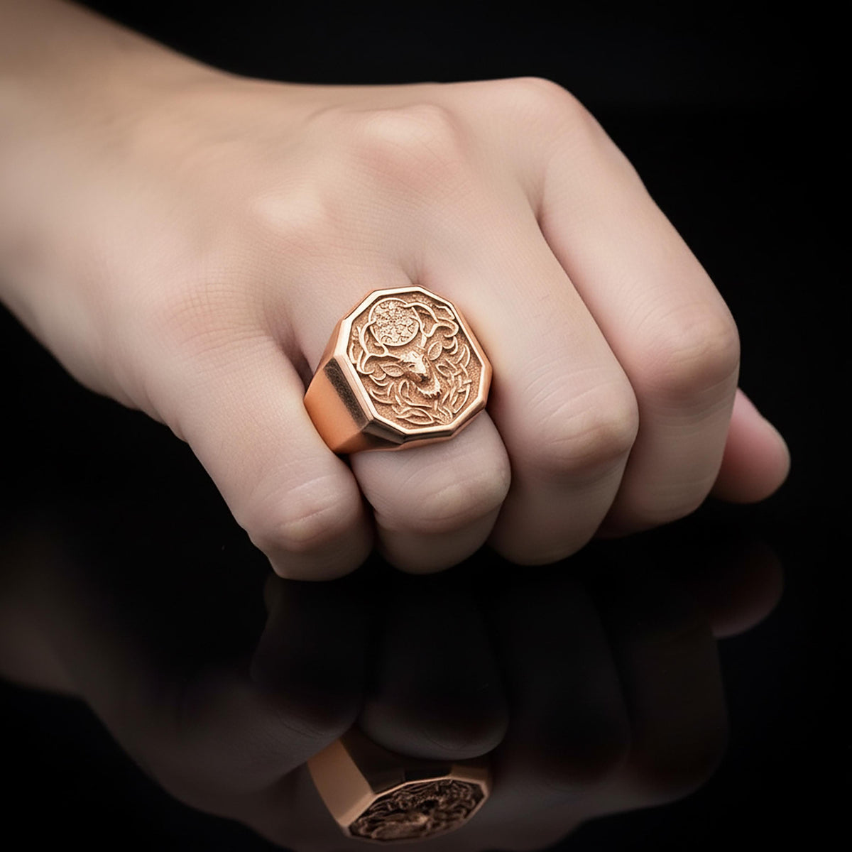 Sterling Silver Deer Vegvisir Ring – Celtic Norse Band, Engravable