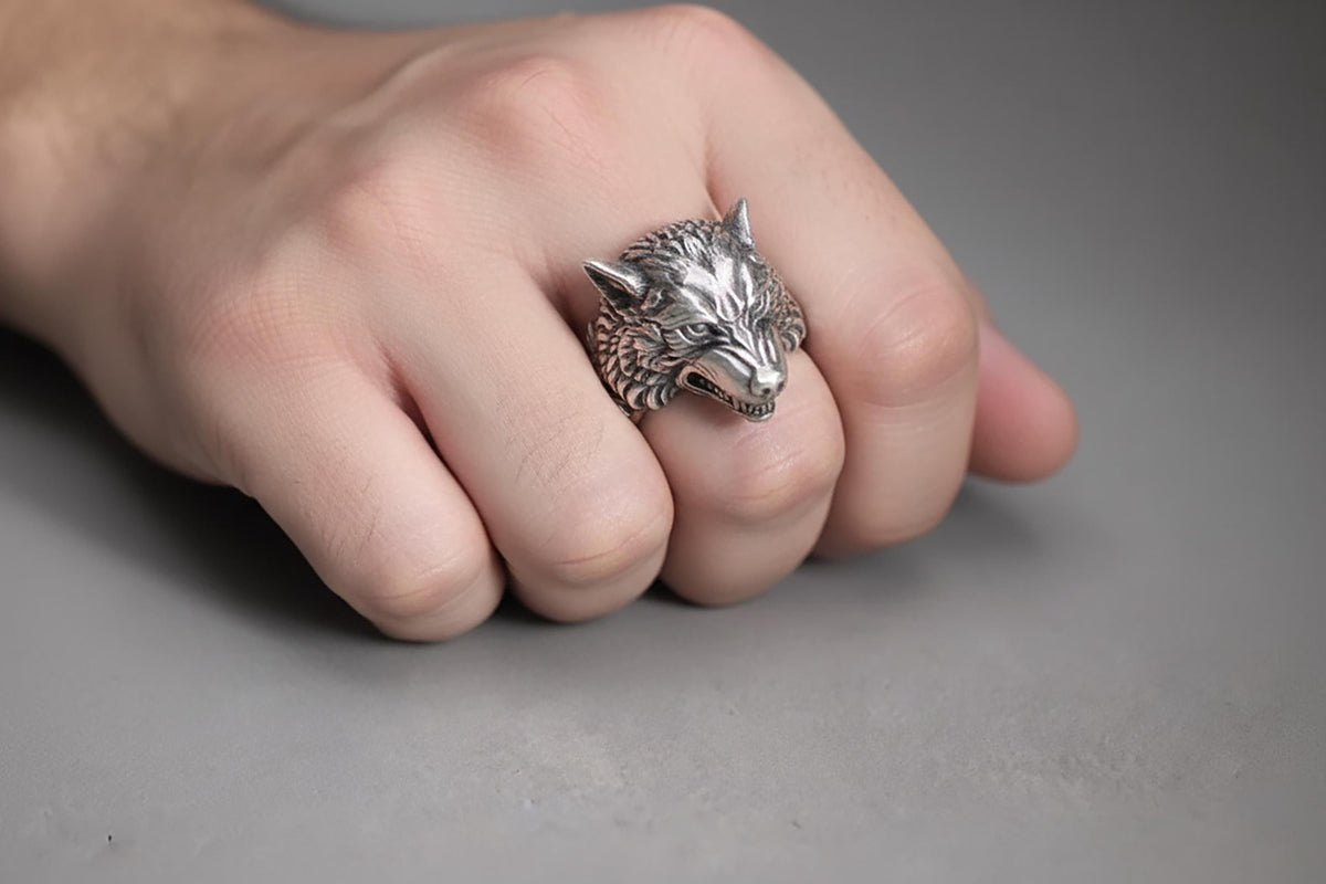Handmade Sterling Silver Wolf Head Ring, Animal Signet Jewelry