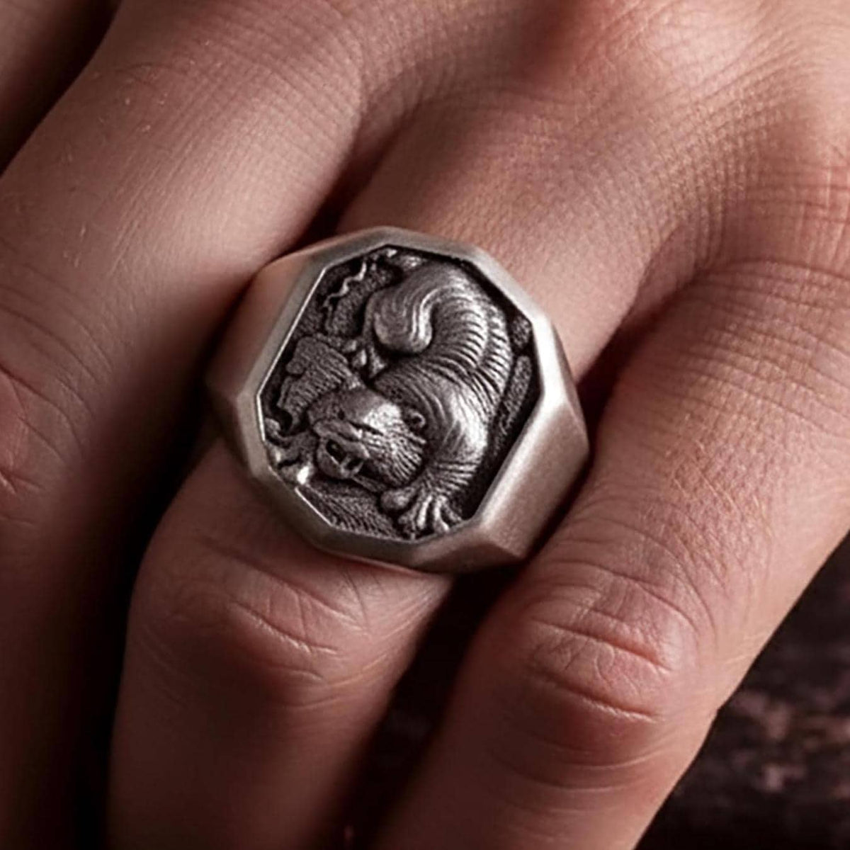 Sterling Silver Decagonal Tiger Ring – Engravable Statement Band