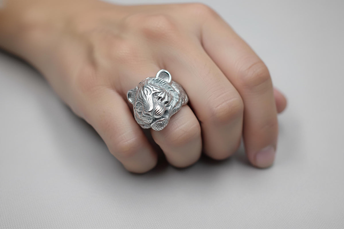 Sterling Silver Tiger Head Ring, Asian Animal Jewelry